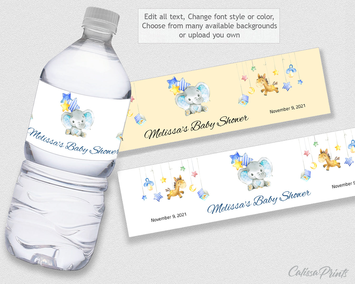Baby Shower Water Bottle Label Editable Template, Blue Elephant Baby Theme, Baby20 - CalissaPrints