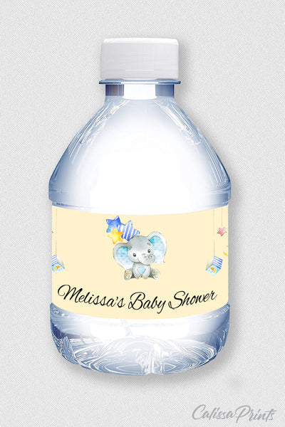 Baby Shower Water Bottle Label Editable Template, Blue Elephant Baby Theme, Baby20 - CalissaPrints