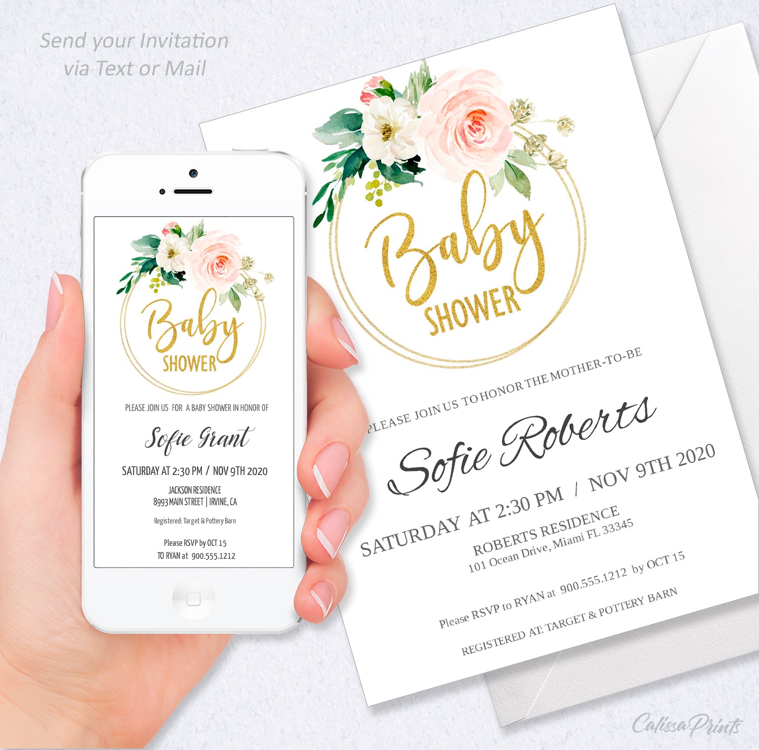 Baby Shower Party Invitation Editable Template Combo - Blush Pink Gold Design, BABY21 - CalissaPrints
