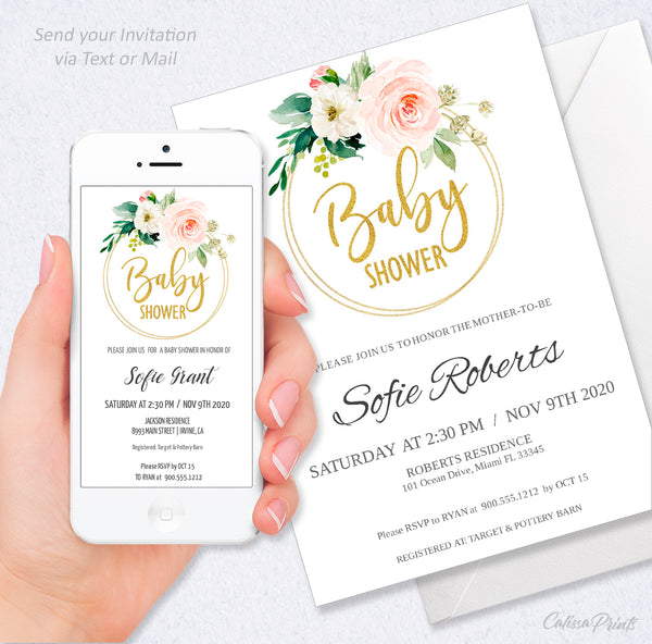Baby Shower Party Invitation Editable Template Combo - Blush Pink Gold Design, BABY21 - CalissaPrints