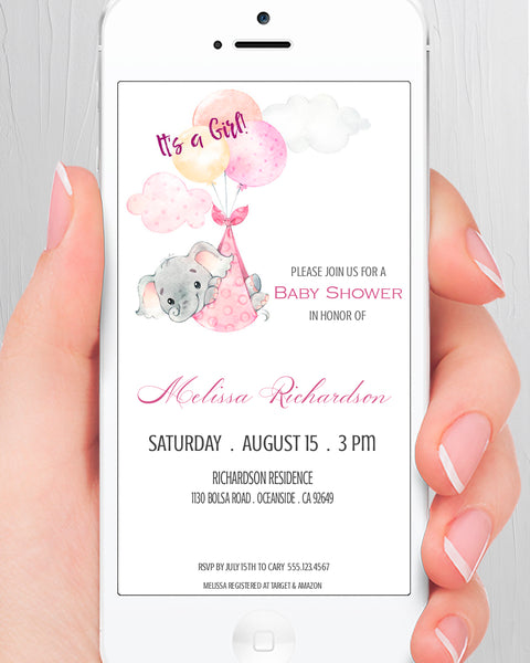 Baby Shower Party Invitation Editable Template Combo - Pink Baby Elephant Design, BABY23 - CalissaPrints
