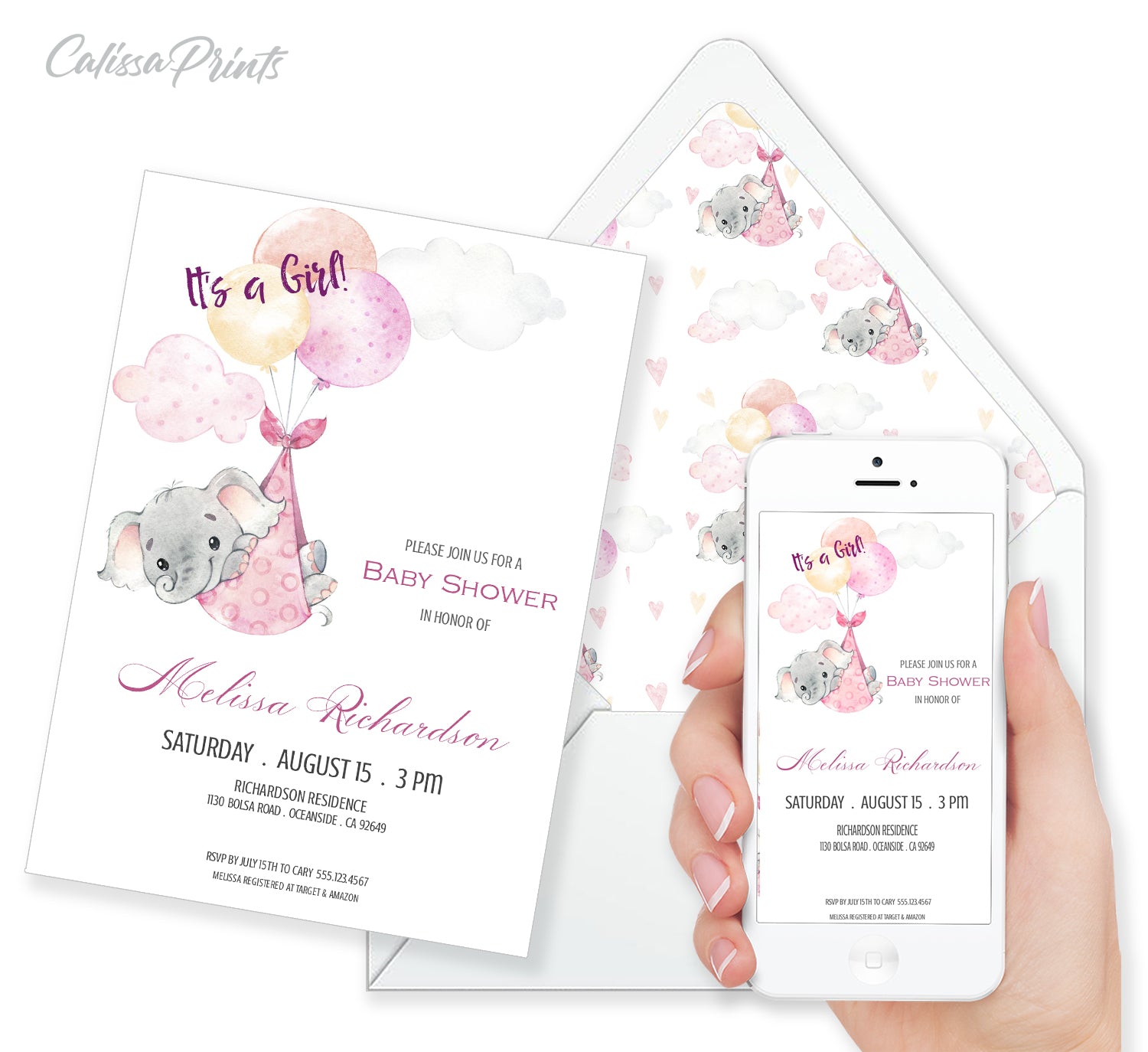 Baby Shower Party Invitation Editable Template Combo - Pink Baby Elephant Design, BABY23 - CalissaPrints
