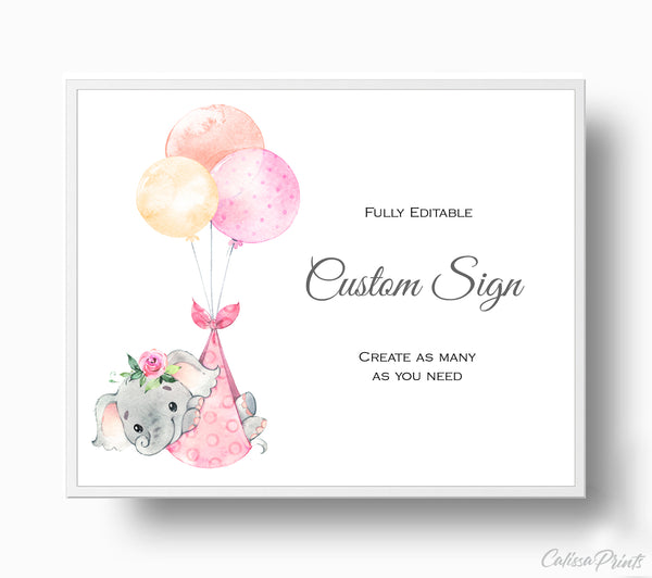 Baby Shower Custom Signs Templates, Pink Elephant Design - BABY23