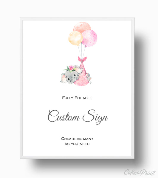 Baby Shower Custom Signs Templates, Pink Elephant Design - BABY23