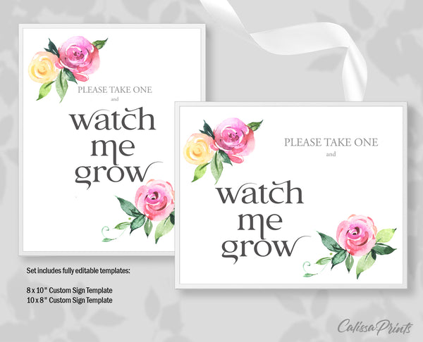 Baby Shower Watch Me Grow Tag and Sign Templates, Pink Baby Elephant Design - Baby23