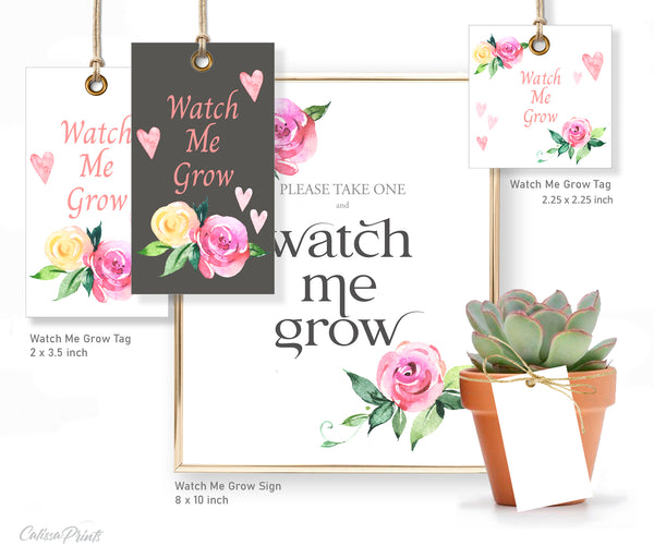 Baby Shower Watch Me Grow Tag and Sign Templates, Pink Baby Elephant Design - Baby23