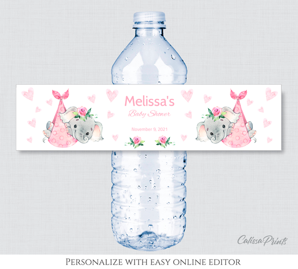 Baby Shower Water Bottle Label Template, Pink Baby Elephant Design - Baby23