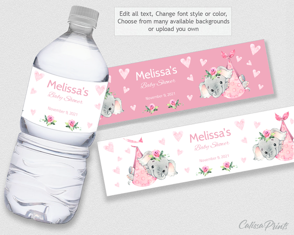 Baby Shower Water Bottle Label Template, Pink Baby Elephant Design - Baby23