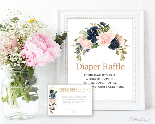 Baby Shower Party Editable Template Bundle, Navy Blush Diaper Raffle Cards, by CalissaPrints