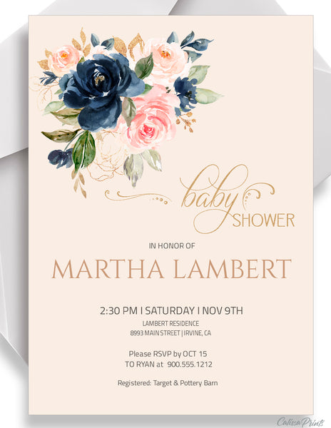 Baby Shower Party Invitation Templates, Navy Blush Design - BABY25