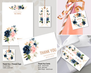 Baby Shower Thank You Card and Tag Templates, Navy Blush Design - BABY25