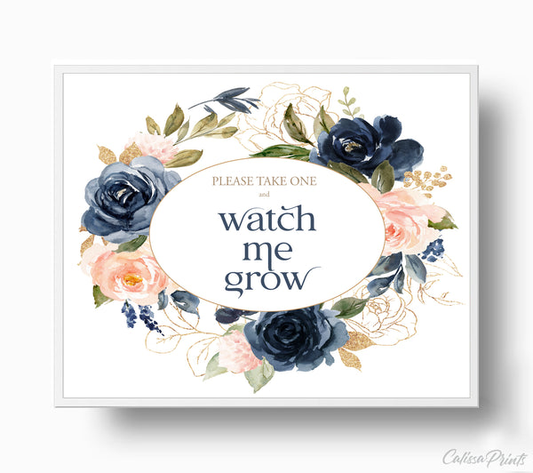 Baby Shower Watch Me Grow Tag and Sign Templates, Navy Blush Design - Baby25