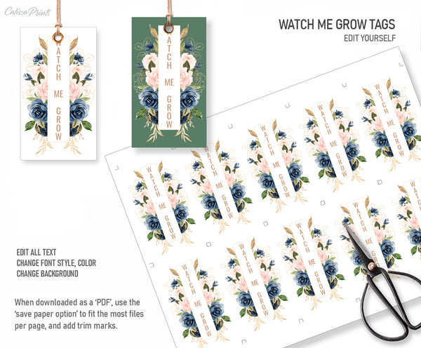 Baby Shower Watch Me Grow Tag and Sign Templates, Navy Blush Design - Baby25