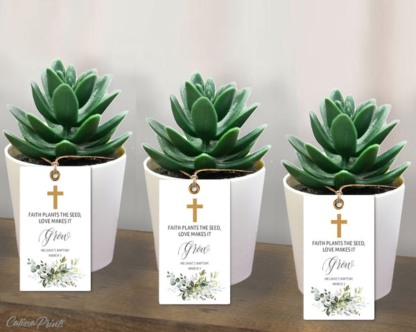 Baptism Watch Me Grow Tags, Favor Tags and Signs Templates - Gentle Leaves Design, BAPT01 - CalissaPrints