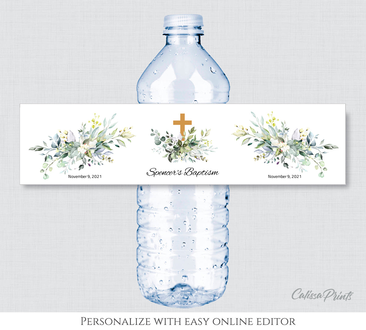 Baptism Water Bottle Label Editable Template, Gentle Leaves Theme, Baby01 - CalissaPrints