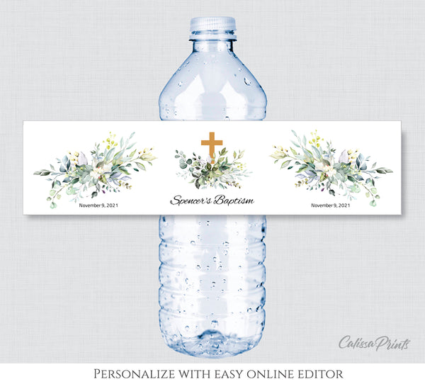 Baptism Water Bottle Label Editable Template, Gentle Leaves Theme, Baby01 - CalissaPrints
