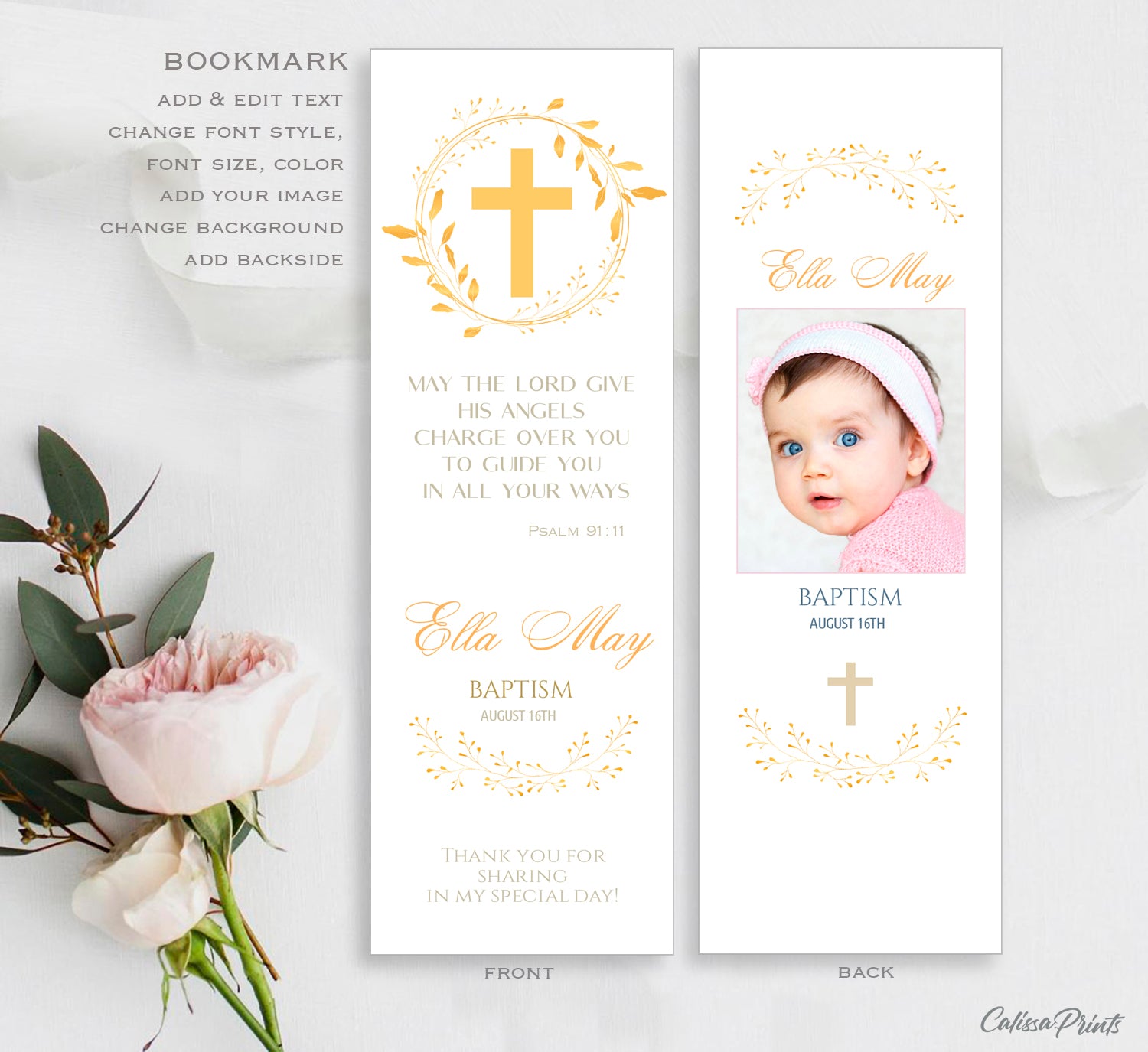 Baptism Favors Bookmark Keepsake Template - Golden Lea Design, BAPT2 - CalissaPrints