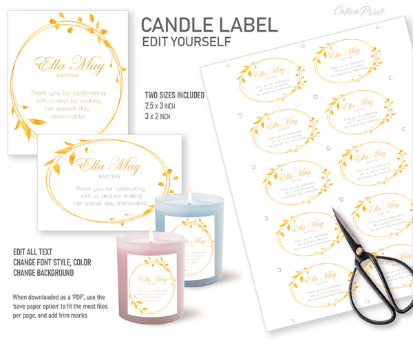 Baptism Favors Candle Label Templates - Golden Leaf  Design, BAPT2 - CalissaPrints