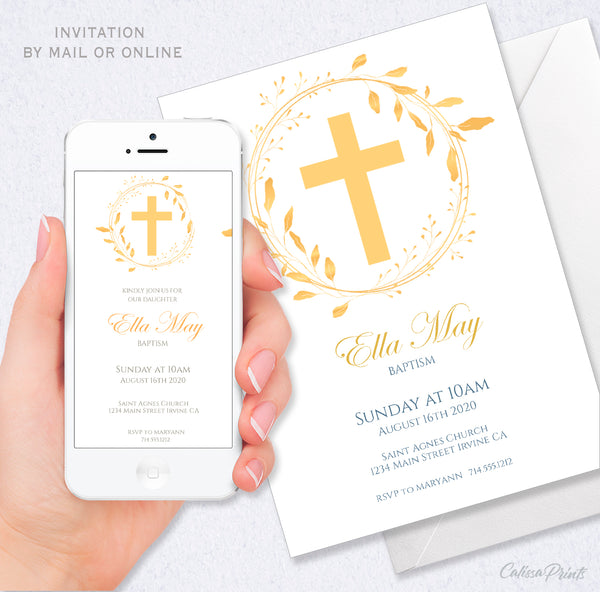 Baptism Party Invitation, Evite Template Set, Envelope Liner - Golden Leaves Design, BAPT2 - CalissaPrints
