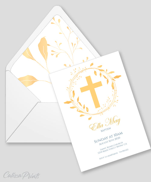 Baptism Party Invitation, Evite Template Set, Envelope Liner - Golden Leaves Design, BAPT2 - CalissaPrints