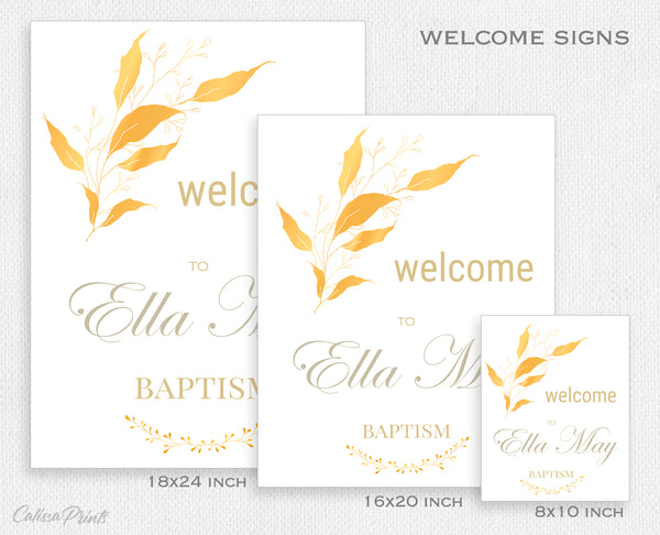 Baptism Party WELCOME Signs Templates - Golden Leaves Design, BAPT2 - CalissaPrints