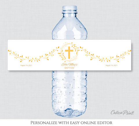 Baptism Water Bottle Label Template, Golden Leaf Design - BAPT02