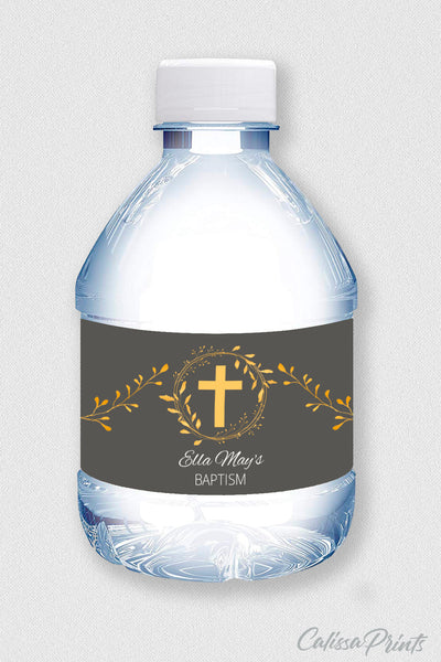 Baptism Water Bottle Label Template, Golden Leaf Design - BAPT02