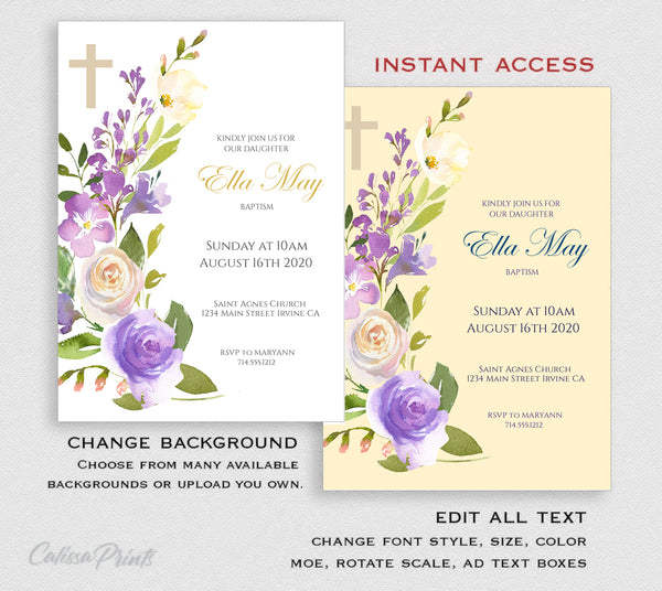 Baptism Party Invitation, Evite Template Set, Lavender Creme Design, BAPT7 - CalissaPrints