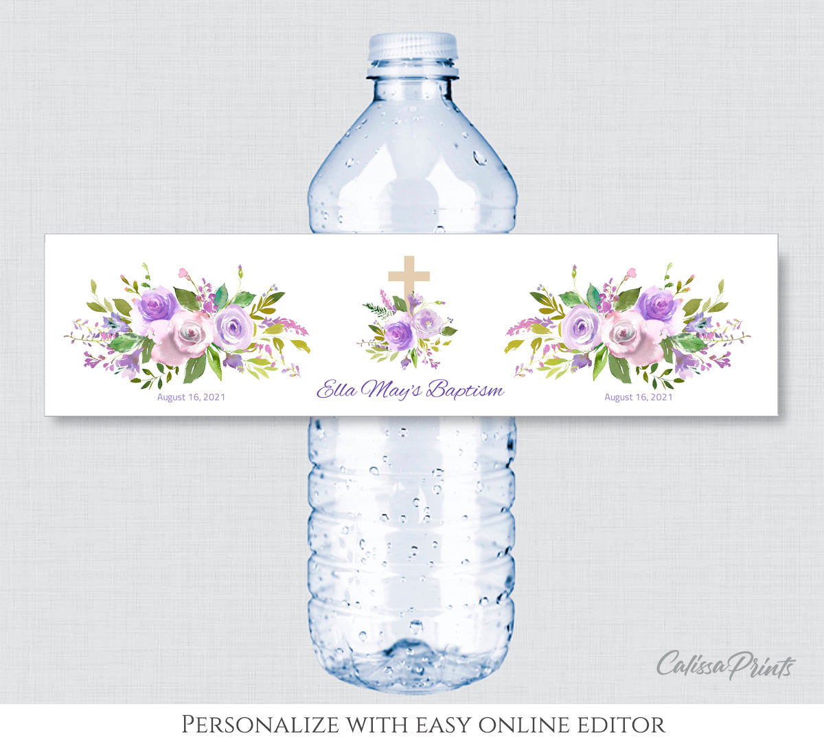 Baptism Water Bottle Label Template - Lavender Creme Design, BAPT07 - CalissaPrints