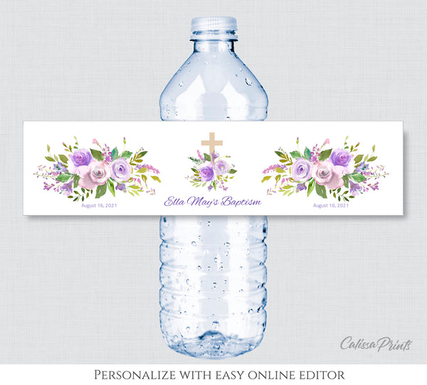 Baptism Water Bottle Label Template - Lavender Creme Design, BAPT07 - CalissaPrints