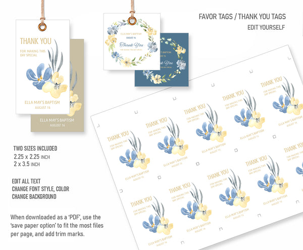 Baptism Favor Tags, Thank You Cards Templates - Aquarelle Design, BAPT10 - CalissaPrints