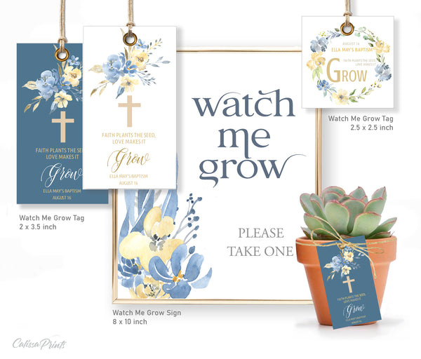 Baptism Watch Me Grow Tags, Favor Tags and Signs Templates - Aquarelle Design, BAPT10 - CalissaPrints