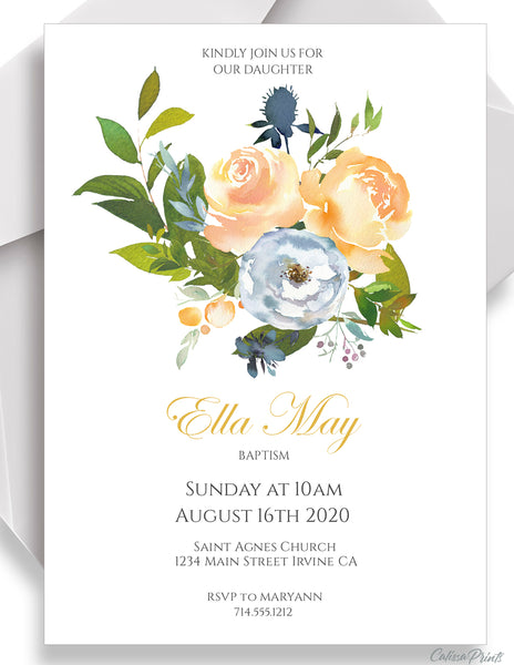 Baptism Party Invitation, Evite Template Set, Envelope Liner - Rose Garden Design, BAPT12 - CalissaPrints
