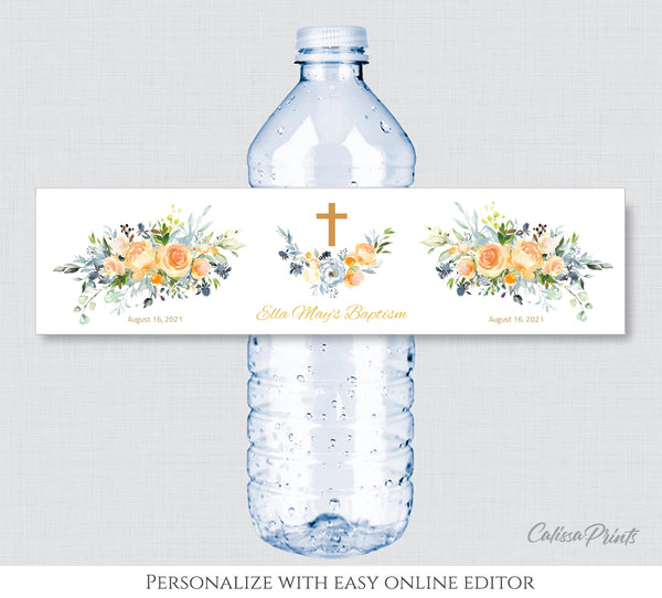 Baptism Water Bottle Label Template - Rose Garden Design, BAPT12 - CalissaPrints
