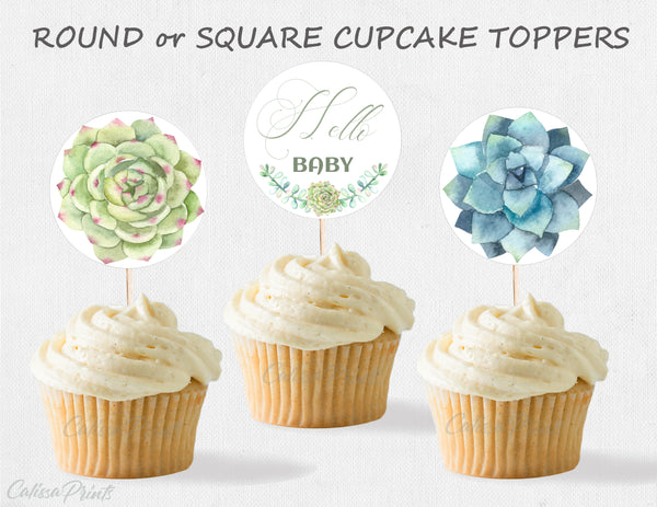 Baby Shower Favors Editable Cupcake Toppers, Succulent Design C02 - CalissaPrints