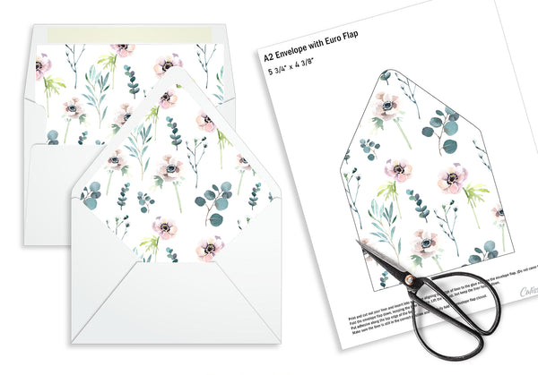 Party Favor Envelope Liner, Wild Flowers and Green Leaves Design, 10 Sizes, EL12 - CalissaPrints