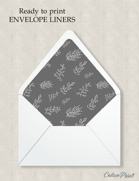 Party Favor Envelope Liner, Gray White Leaves Design, 10 Sizes, EL17 - CalissaPrints
