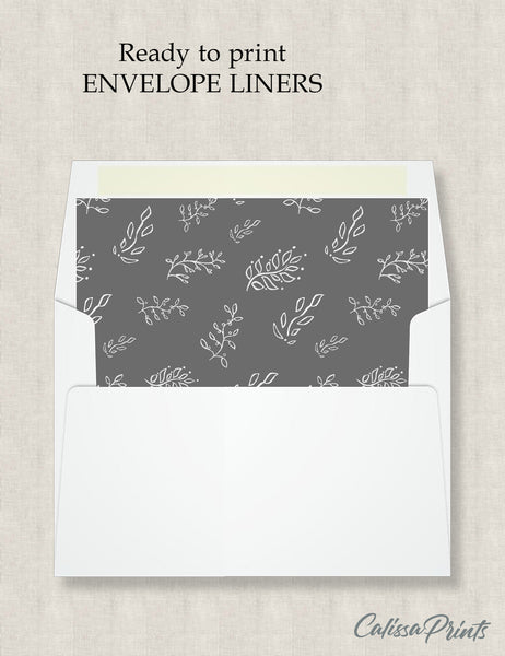 Party Favor Envelope Liner, Gray White Leaves Design, 10 Sizes, EL17 - CalissaPrints