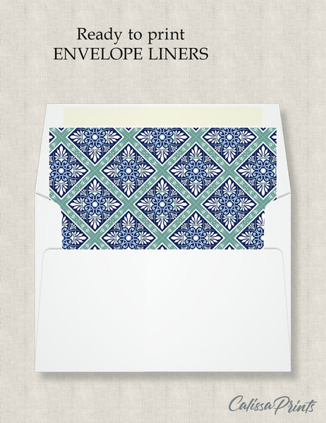 Party Favor Envelope Liner, Blue Green Moroccan Tile Design, 10 Sizes, EL19 - CalissaPrints