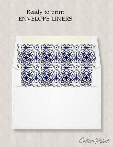 Party Favor Envelope Liner, Envelope Liner - Moroccan Blue White Tile Design, 10 Sizes, EL26 - CalissaPrints