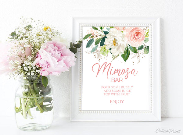 Mimosa Bar Sign and Juice Labels / Tags Templates - Blush Pink Floral Design, M1 - CalissaPrints