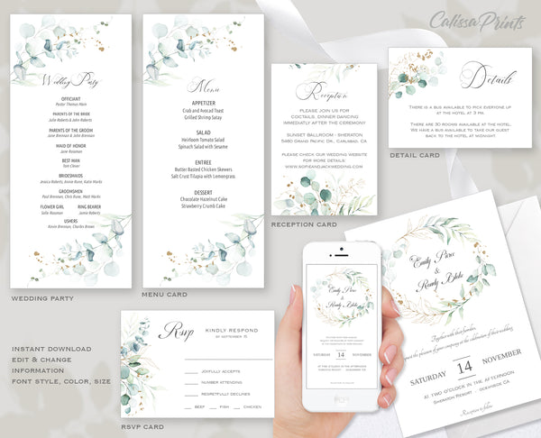 Wedding Bundle Template Set – SOFIE - Eucalyptus Green Gold Design – WED03 - CalissaPrints