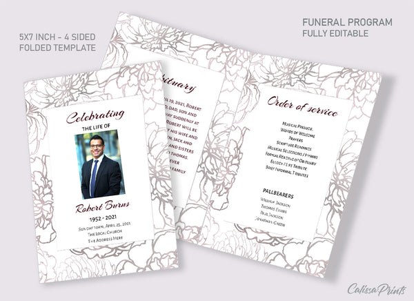 Memorial & Funeral Service Template Set, Silver Floral Design - MF011