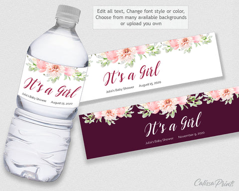 Baby Shower Water Bottle Label Editable Template, Etheral Rose Theme, Baby01 - CalissaPrints