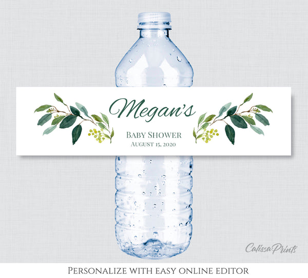 Baby Shower Water Bottle Label Editable Template, Green Leaves Theme, Baby03 - CalissaPrints