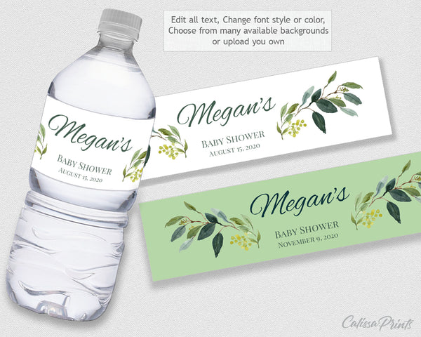 Baby Shower Water Bottle Label Editable Template, Green Leaves Theme, Baby03 - CalissaPrints