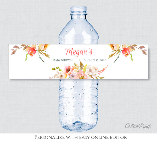 Baby Shower Water Bottle Label Editable Template, Autumn Flower Theme, Baby05 - CalissaPrints