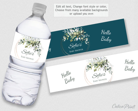 Baby Shower Water Bottle Label Editable Template, Greenery Bouquet Theme, Baby06 - CalissaPrints