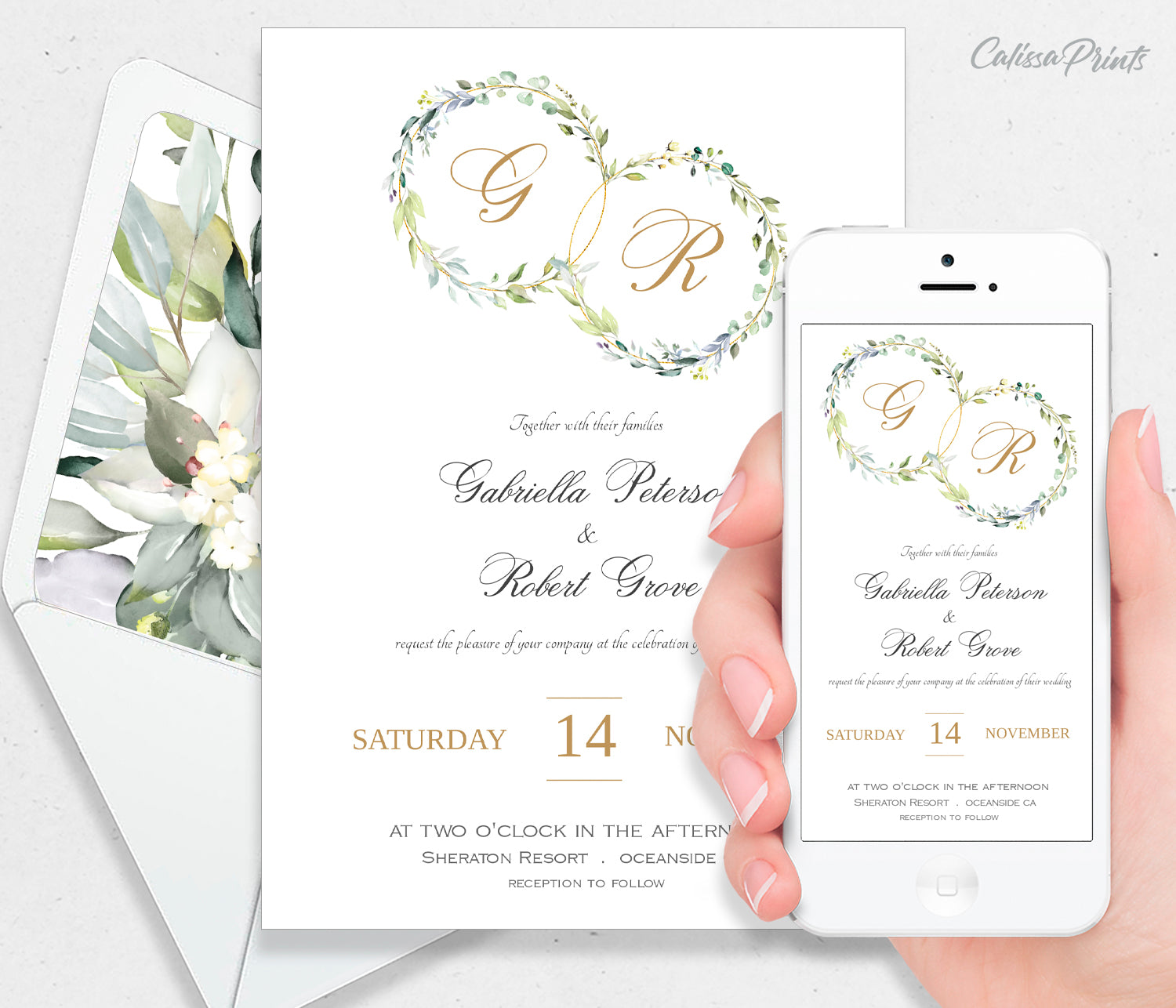 Wedding Invitation Templates – CLAIRE - Green Leaves, Herbs Design, WED01 - CalissaPrints