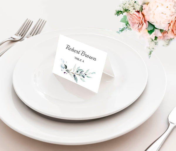 Wedding Place Cards Flat and Tent Folded Printable Template, Green Yellow Leaves Herbs Design, Claire Collection WED01 - CalissaPrints